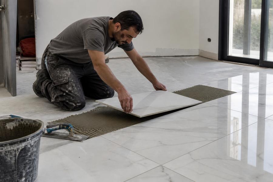 Tile flooring being installed in a home