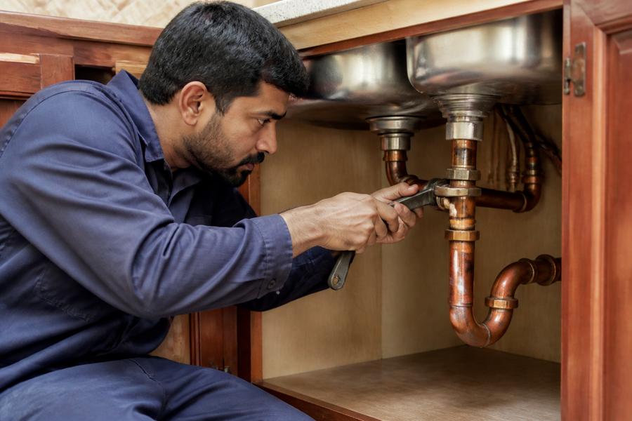 Plumber repairing pipes under a sink